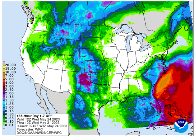 Map of USA showing precipitation forecast.